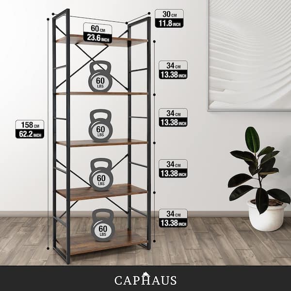 CAPHAUS 67 in. Rustic Oak Bookcase Shelf Organizer, 24 in. W 5 Tier Ladder Bookshelf for Home Office, Living Room and Kitchen
