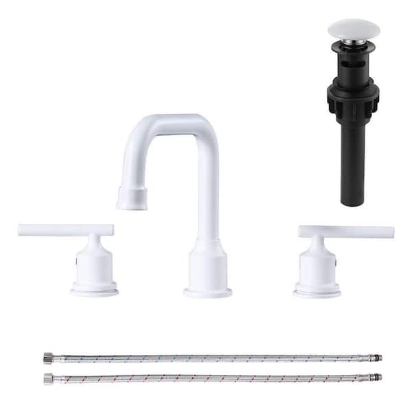 8 in. Widespread Double Handle High Arc Bathroom Faucet with Drain Kit Included in Matte White