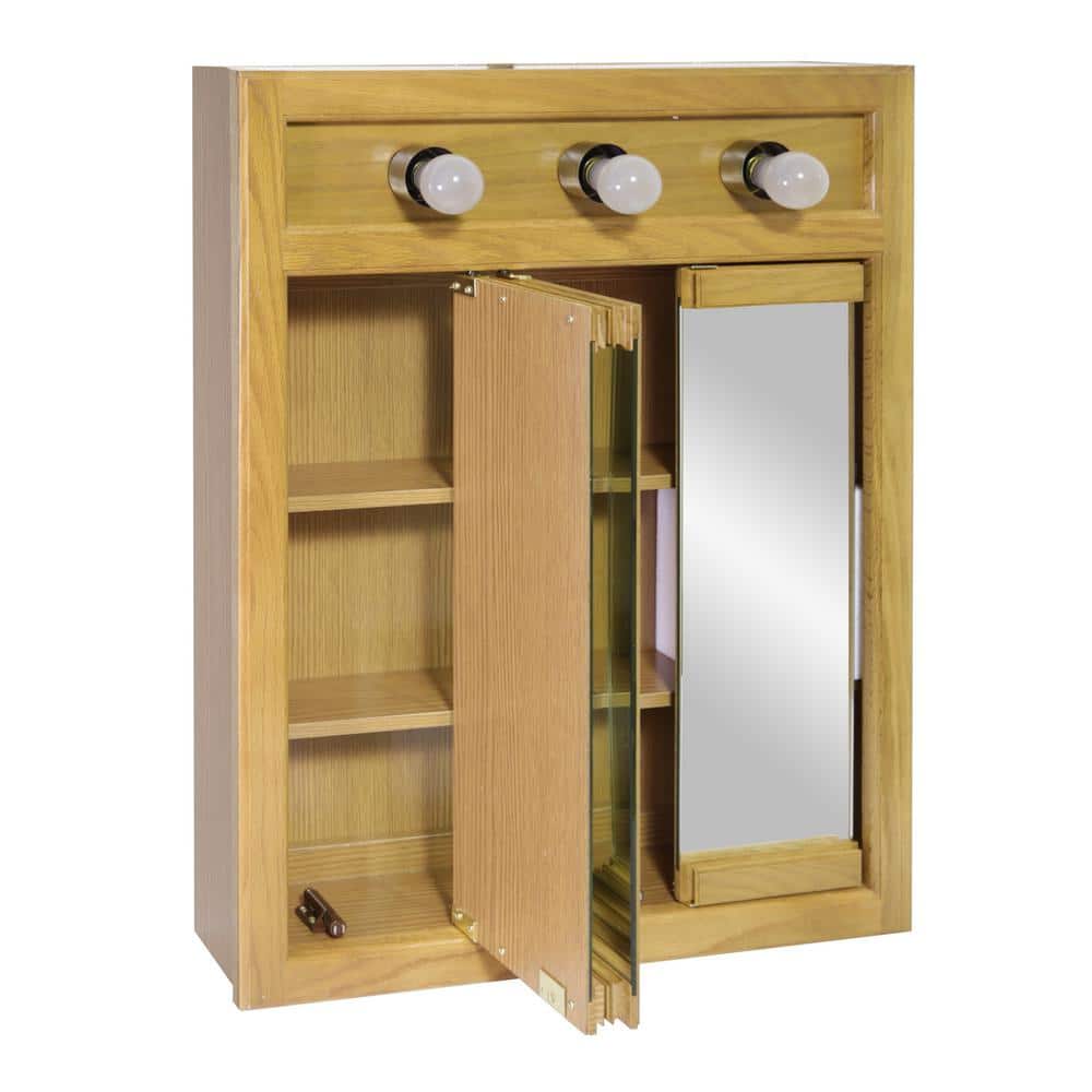 Nutmeg Oak Tri-View 24" Lighted Medicine Cabinet with Mirrored Doors