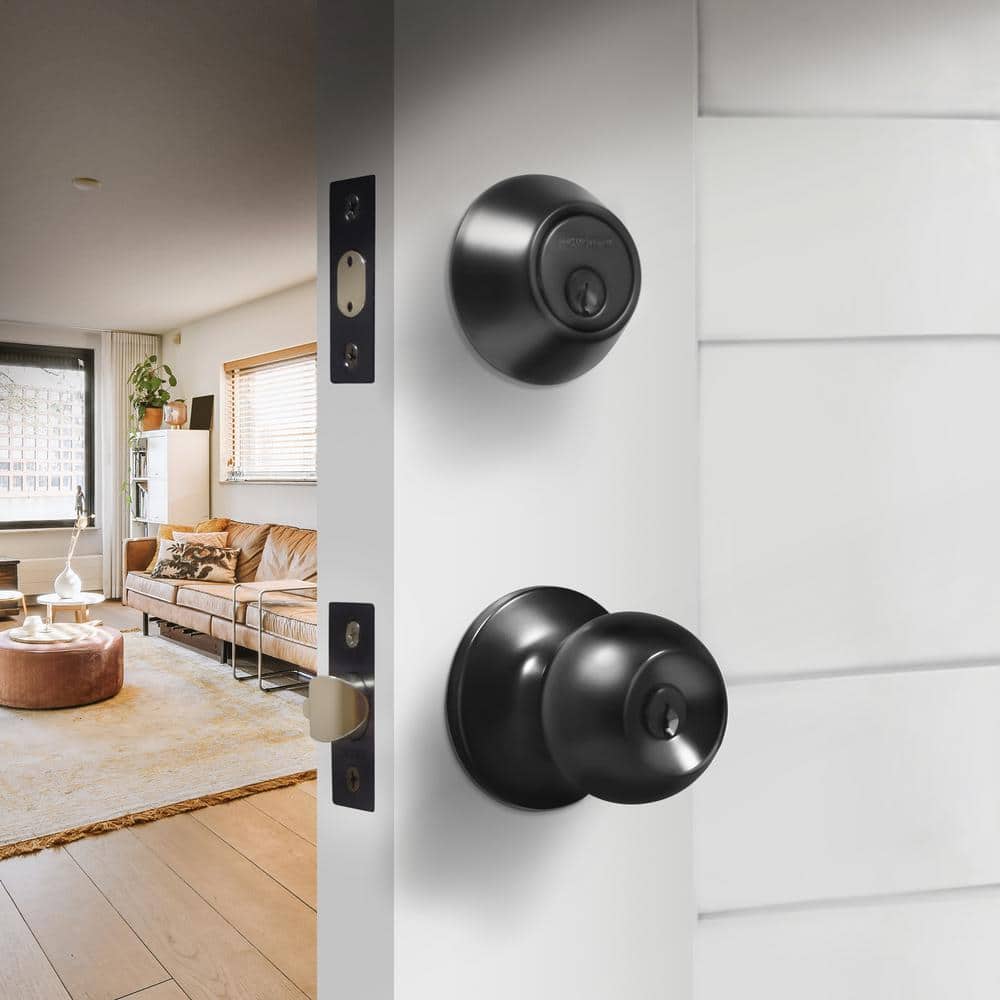 Matte Black Entry Door Knob Set with Single Cylinder Deadbolt