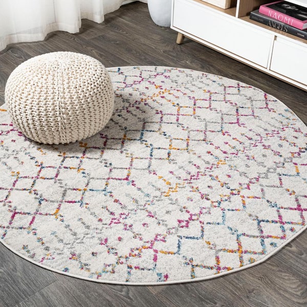 5 ft. Round Ivory/Multi Moroccan Hype Boho Vintage Diamond Area Rug