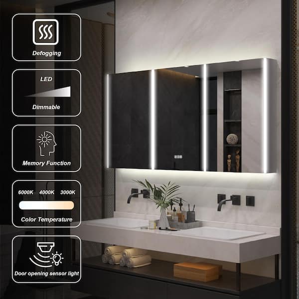 WELLFOR CHIC 60 in. W x 30 in. H Rectangular Aluminum Surface Mount Medicine Cabinet with Mirror and Lighted, Dimmer, Defogger