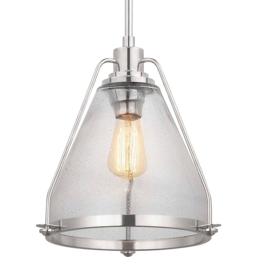 Polished Nickel 13" Pendant with Clear Seeded Glass Shade