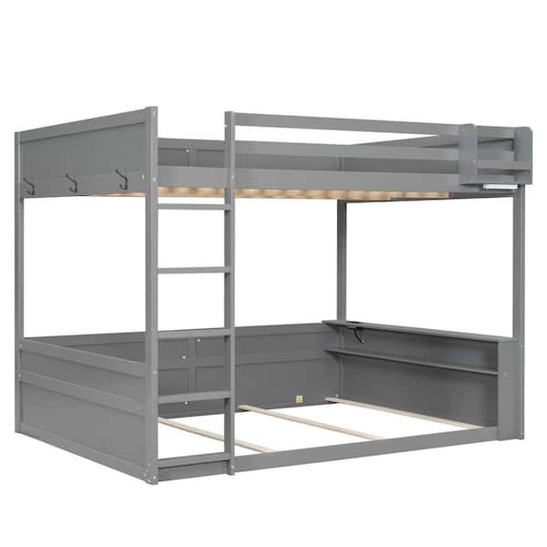 Grey Queen Size Wooden Bunk Bed with Built-in Shelves, Storage Box and USB Charging Station