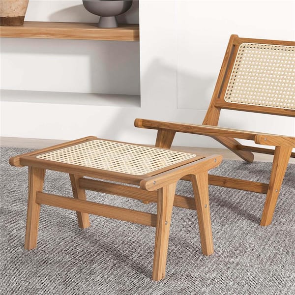 Natural Wood Outdoor Ottoman with Handwoven Rattan