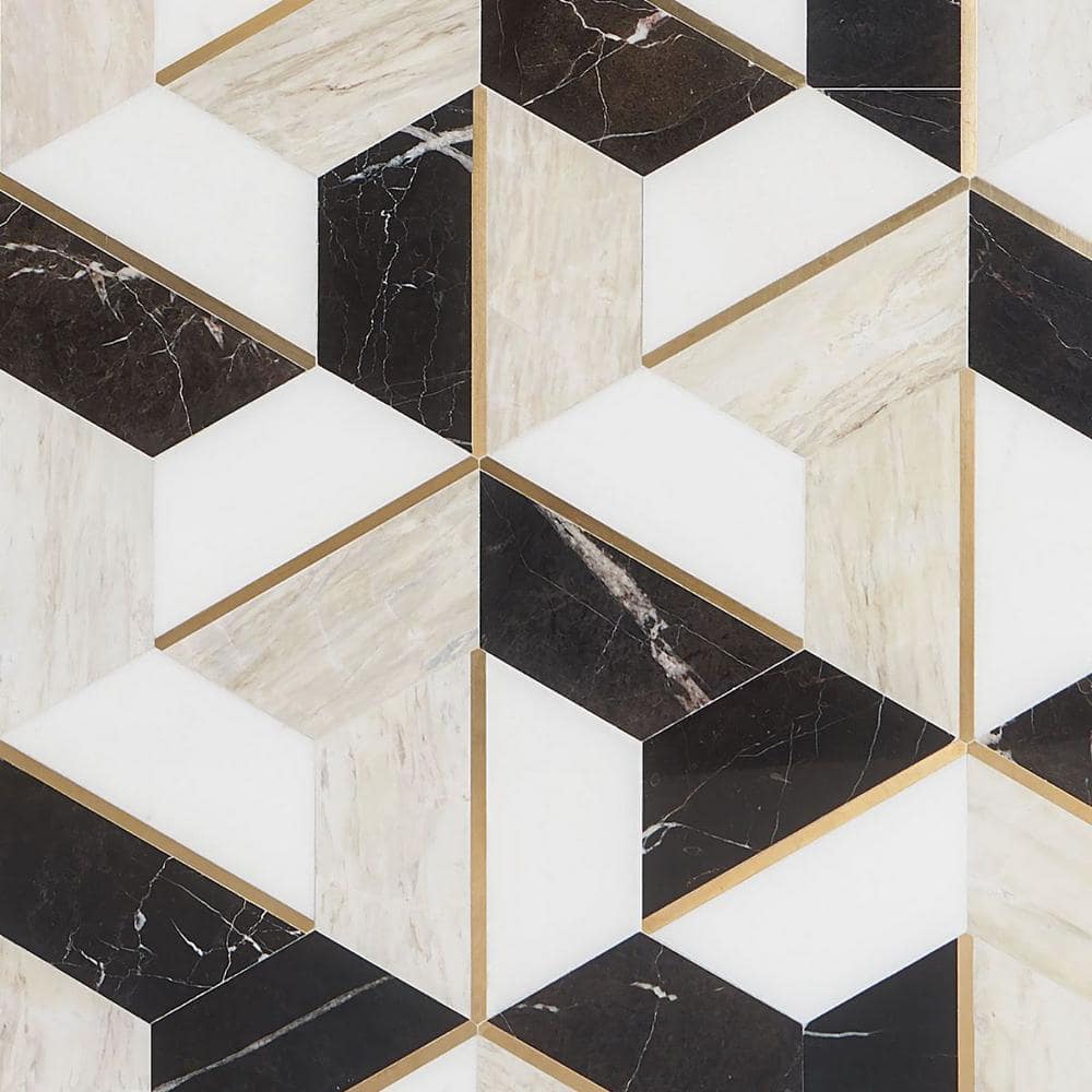 Saint Laurent Polished Marble and Brass Hexagonal Mosaic Tile