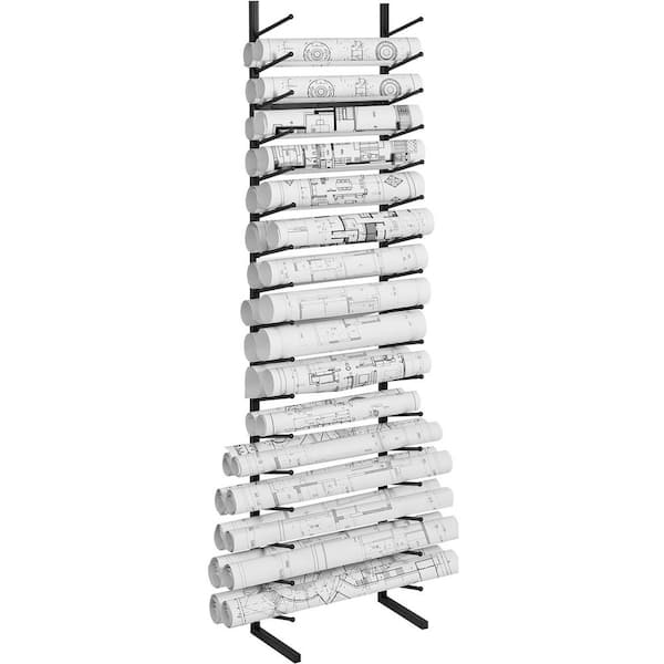 SKYSHALO Blueprint Storage Rack, Hanging Poster Display Rack 16-Tier, Vertical Blueprint Roll File Holder 2-Rolls/Tire Black