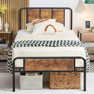 Twin size Bed Frame with Industrial Wooden Headboard, High Metal Platform Bed, No Box Spring Needed, 41"W，Brown