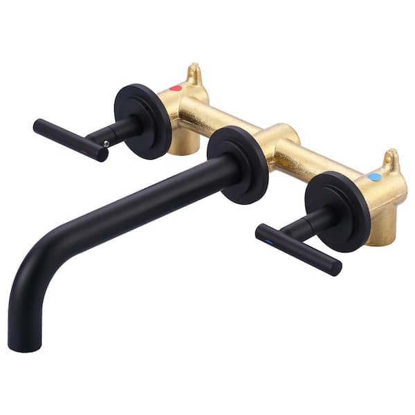 Wall Mount Double Handle Elegant Spout Bathroom Faucet in Solid Brass, Matte Black