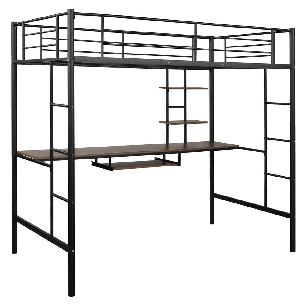 Qualfurn Black Space Saving Design Metal Loft Bed with Desk and Shelf ...