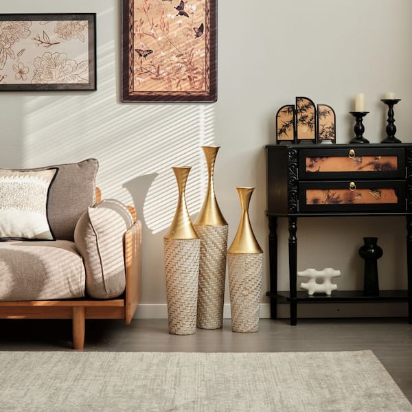 27.5/31.5/35.4 in. 3-Piece Modern Woven Metal Floor Vase Set Geometric Embossed White Large Cylinder Vases Home Decor