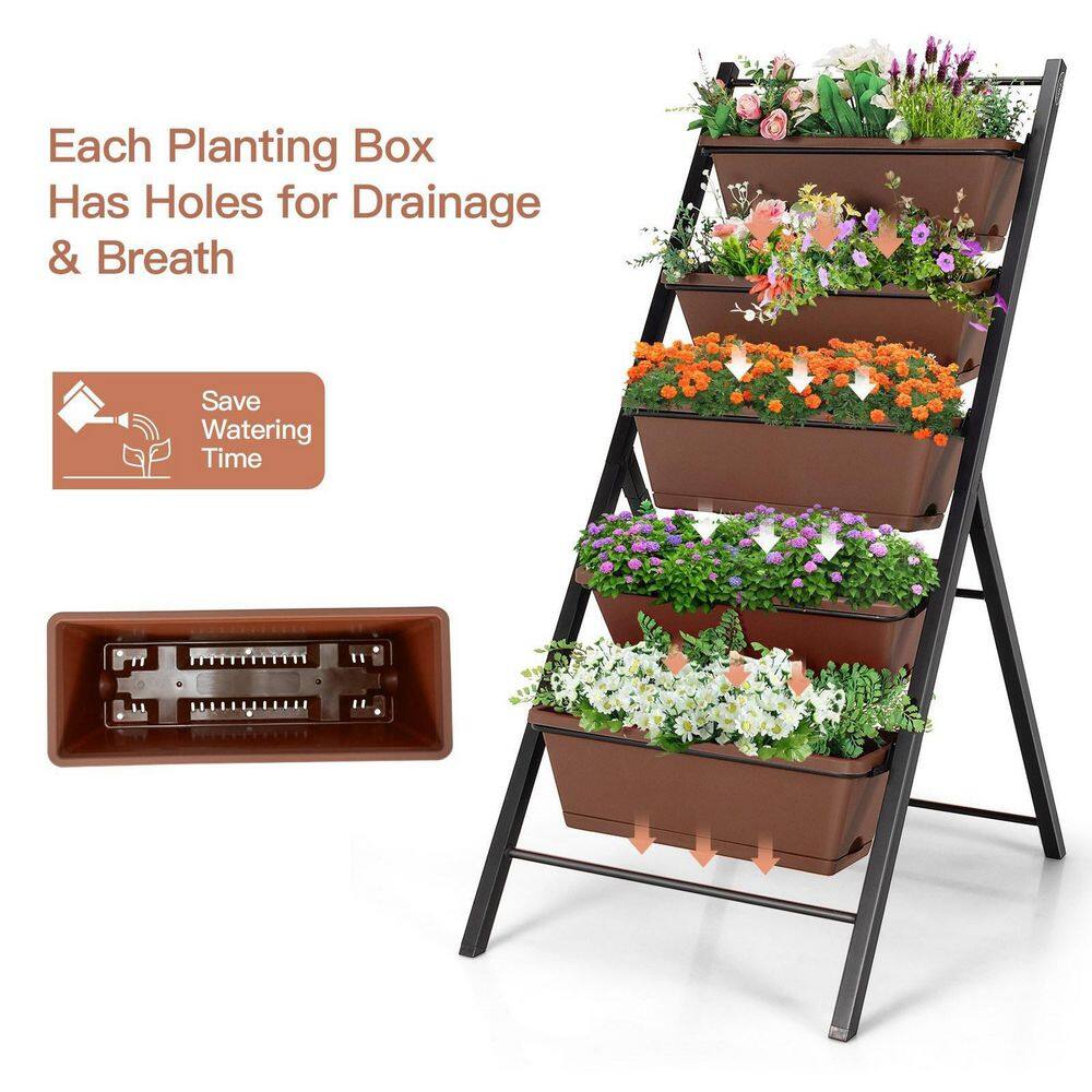Brown 5-Tier Iron Vertical Garden Planter for Indoor/Outdoor Use