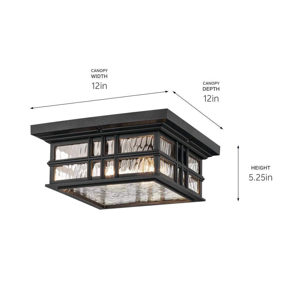 Textured Black 12" 2-Light Outdoor Hanging Light with Clear Hammered Glass