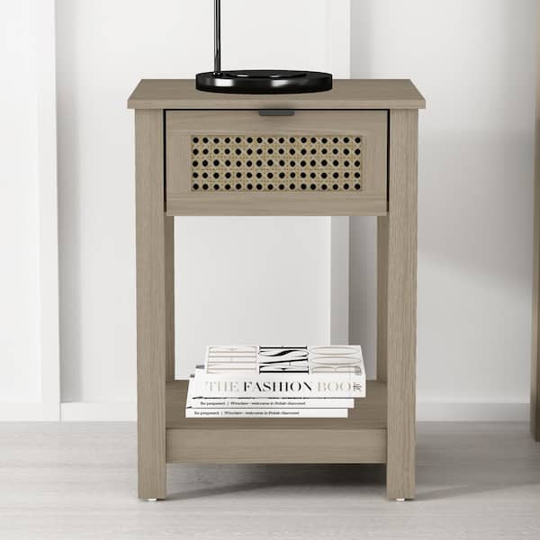 GALANO Idiana 1-Drawer Oslo Oak Nightstand Sidetable with Laminated Rattan (23.2 in. H x 16.5 in. W x 15.4 in. D)