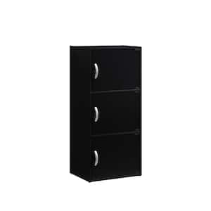 35.6 in. Black Wood 3-shelf Standard Bookcase with Doors