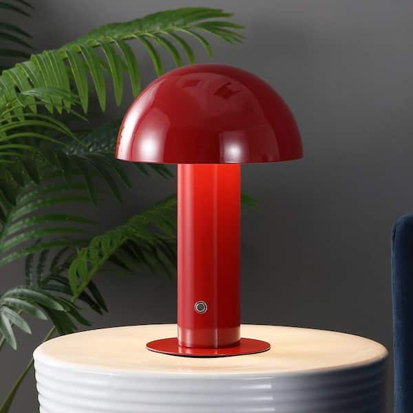 JONATHAN Y Boletus 10.75 in. Contemporary Bohemian Rechargeable/Cordless Iron Dimmable Integrated LED Mushroom Table Lamp, Red