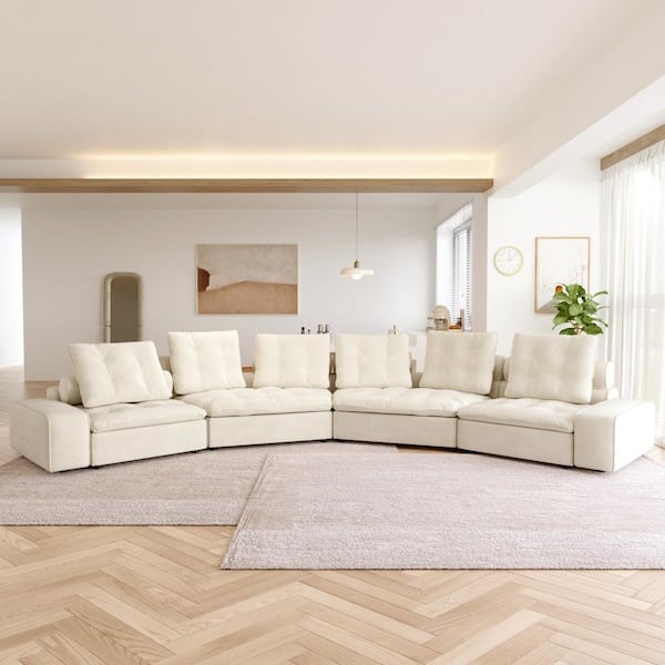 Cabriole Miami 218 in. Square Arm Oversized 6-Seat Velvet Modular Cloud Sectional Sofa with Adjustable Backrest in Beige