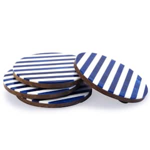 4-Piece White and Ocean Blue Striped Coaster Set