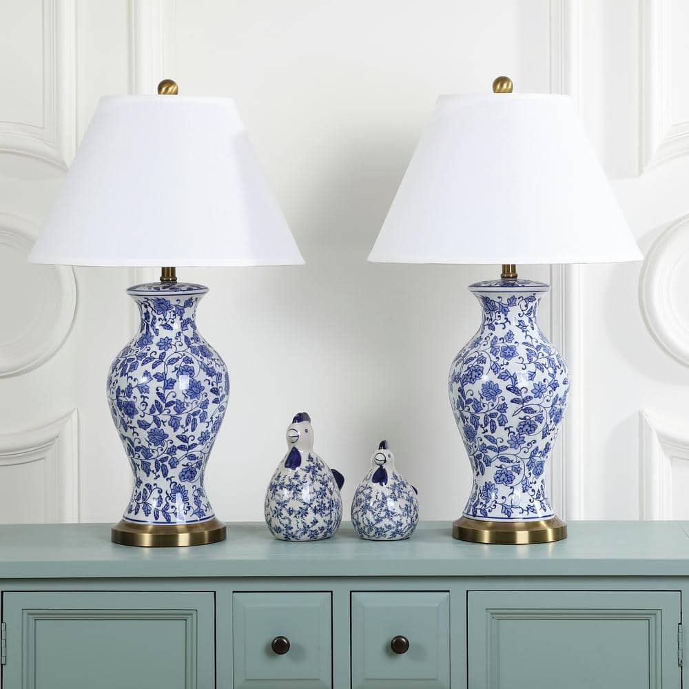 Beijing Blue and White Floral Urn Ceramic Table Lamp Set, 29"
