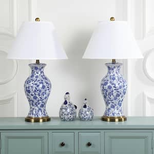 Beijing 29 in. Blue/White Floral Urn Table Lamp with White Shade (Set of 2)