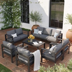 7-Piece Charcoal Gray Aluminum Patio Conversation Set with Gray Cushions and Coffee Table