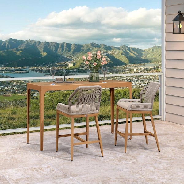 PURPLE LEAF Modern Aluminum Rectangle Counter Height Top Table and Wicker Outdoor Bar Stool Set with Khaki Cushions, 3-pack