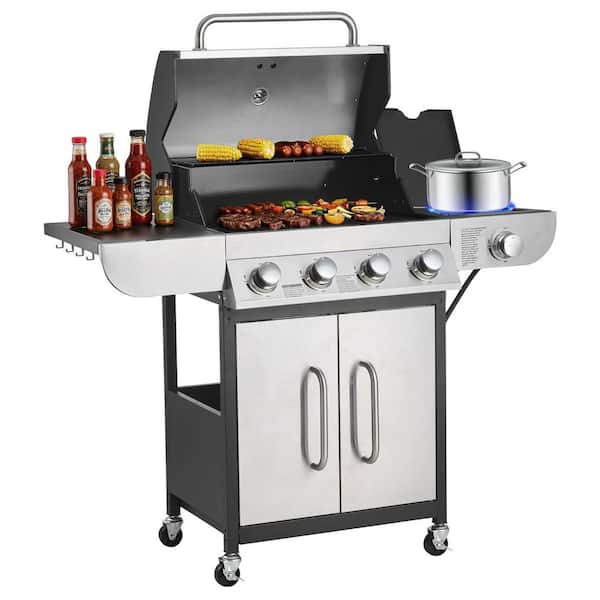 Portable Propane and Natural Gas Grill in Stainless Steel, 4-Burner with Side Burner, 425 SQ.In Grilling Area, 52000 BTU