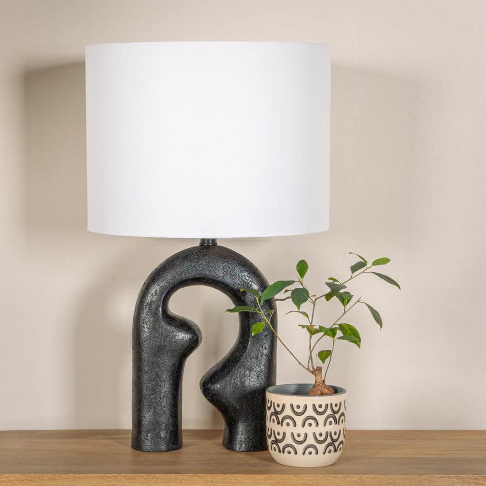 Black Resin Abstract Sculptural Drum Shade Table Lamp