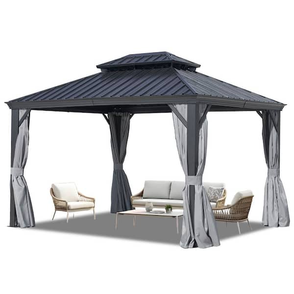 Endark 12 ft. x 16 ft. Black Outdoor Aluminum Hardtop Gazebo with Metal Double Roof Pergola, Netting, and Curtain