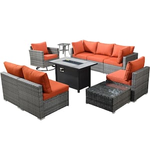 Sanibel Gray 10-Piece Wicker Patio Conversation Sofa Set with a Swivel Chair, a Metal Fire Pit and Orange Red Cushions