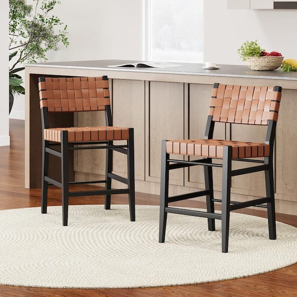 CHRISTOPHER KNIGHT HOME Lumft 24.5 in. Modern Brown PU and Wood Counter Stools, (Set of 2)