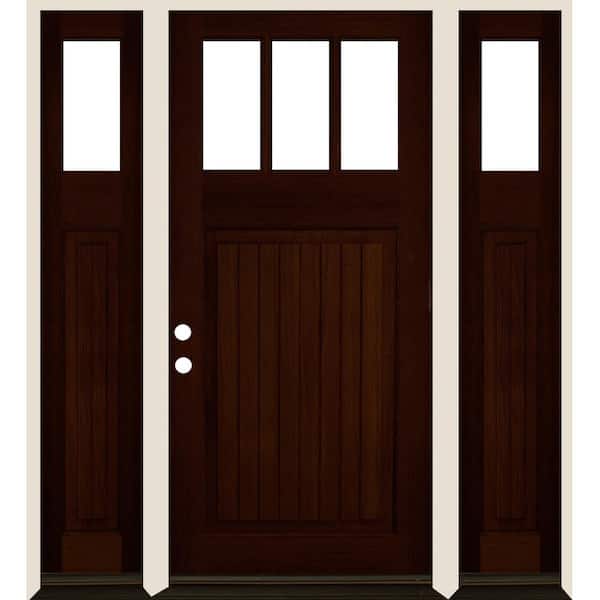 Krosswood Doors 36 in. x 80 in. 3-LIte 1 Panel/V-Grooves Red Mahogany Stain Right Hand Douglas Fir Prehung Front Door Double Sidelite