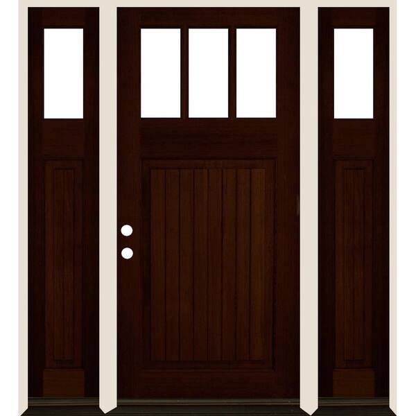 Krosswood Doors 64 in. x 80 in. Craftsman 3-Lite Clear Glass VG Red Mahogany Stain Right Hand Hemlock Wood Prehung Front Door w/DSL