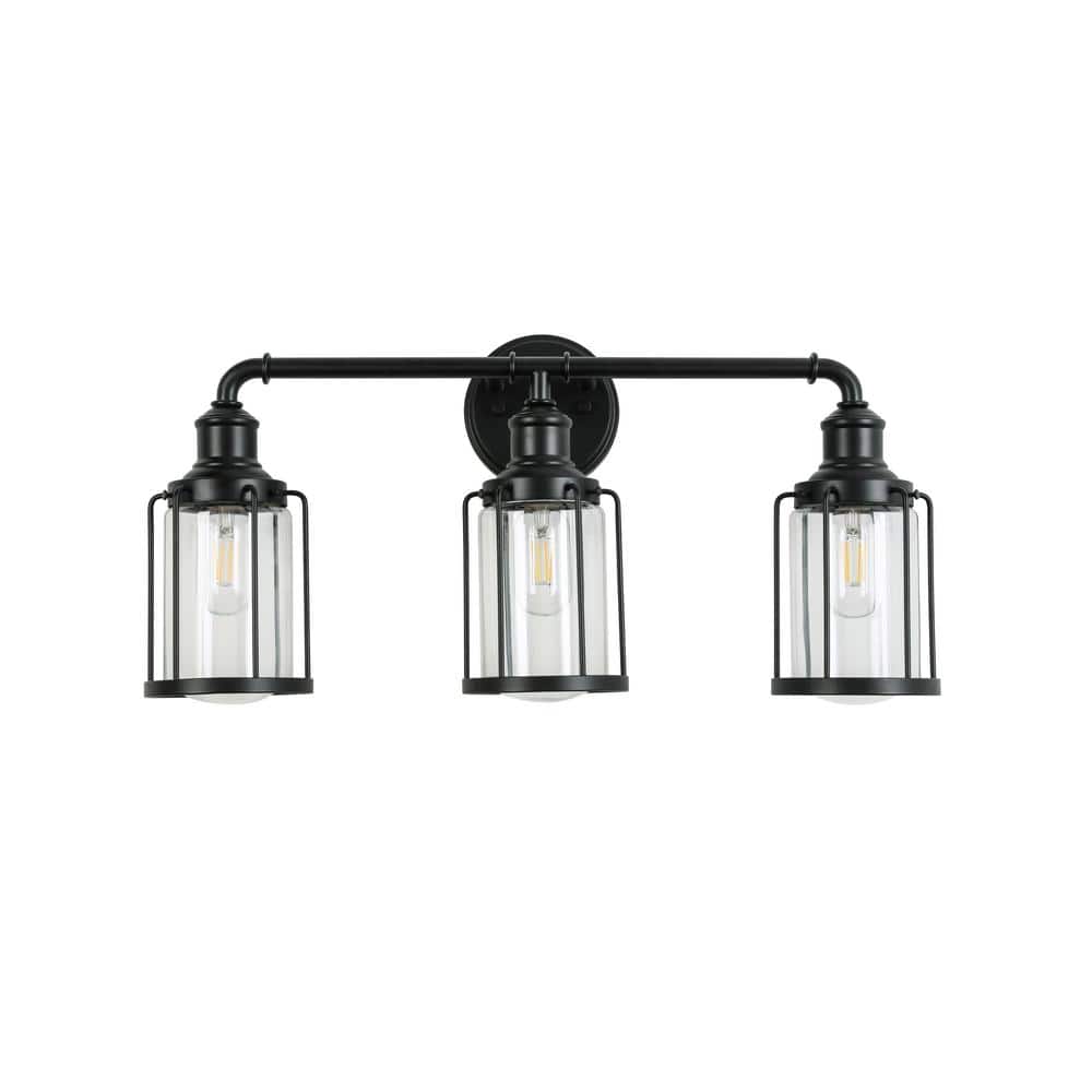 24 in. 3-Light Matte Black Vanity Light with Clear Glass Shade (2-Pack)