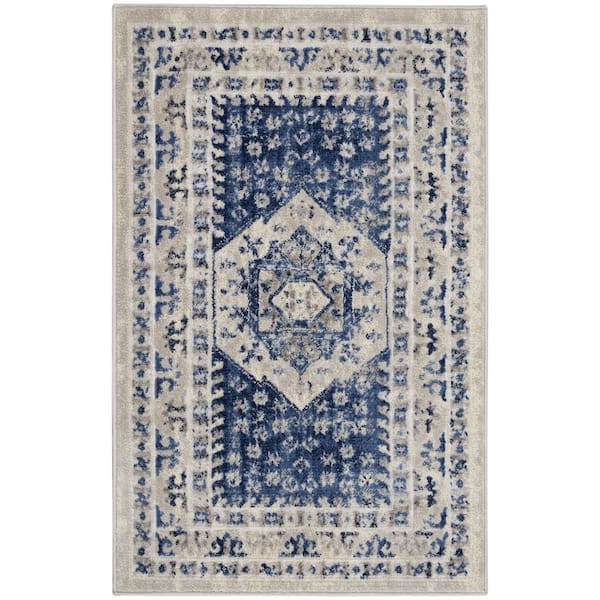 Nourison Cyrus Ivory Blue doormat 3 ft. x 4 ft. Center Medallion Traditional Kitchen Area Rug