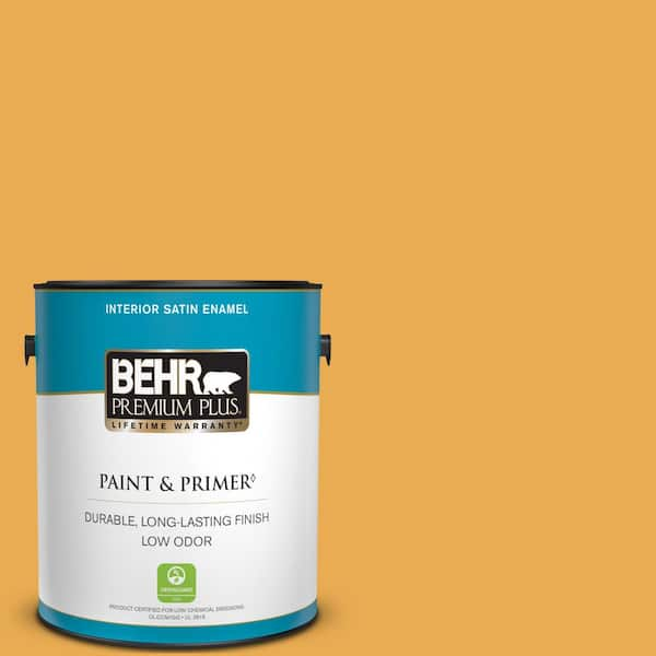 BEHR PREMIUM PLUS 1 gal. #BIC-43 Optimist Gold Satin Enamel Low Odor Interior Paint & Primer