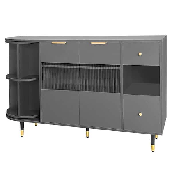 CSC DECOR INC Gray MDF 51.1 in. Buffet Storage Cabinet Sideboards with Glass Door Drawers and Rotating Shelf