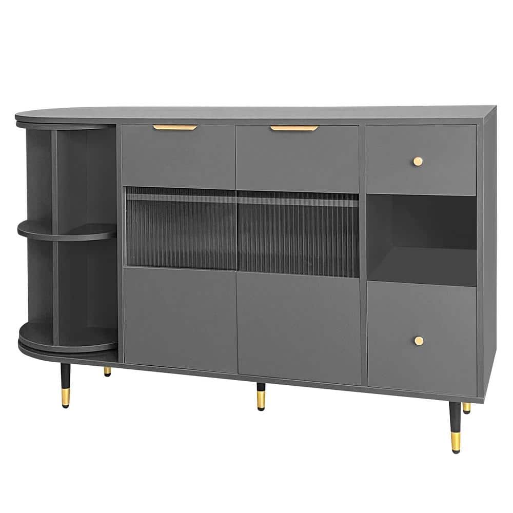 Gray MDF 51.1 in. Buffet Storage Cabinet Sideboards with Glass Door Drawers