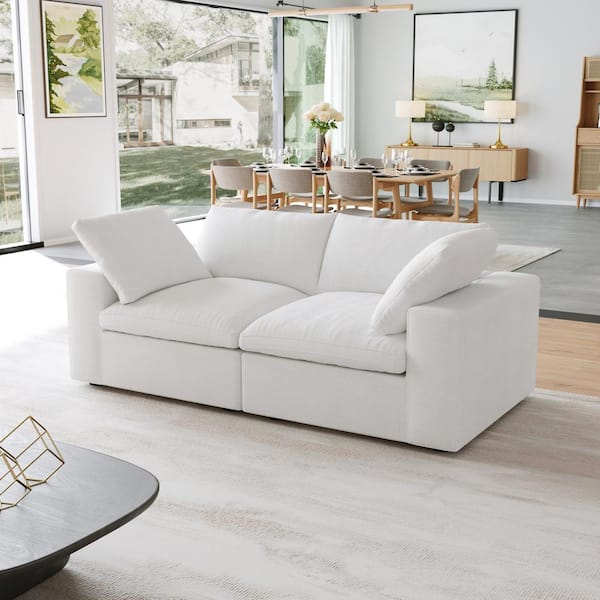 79 in. Square Arm 2-Piece Linen Modular Curved Soriana Loveseat Sectional Sofa Couch in White