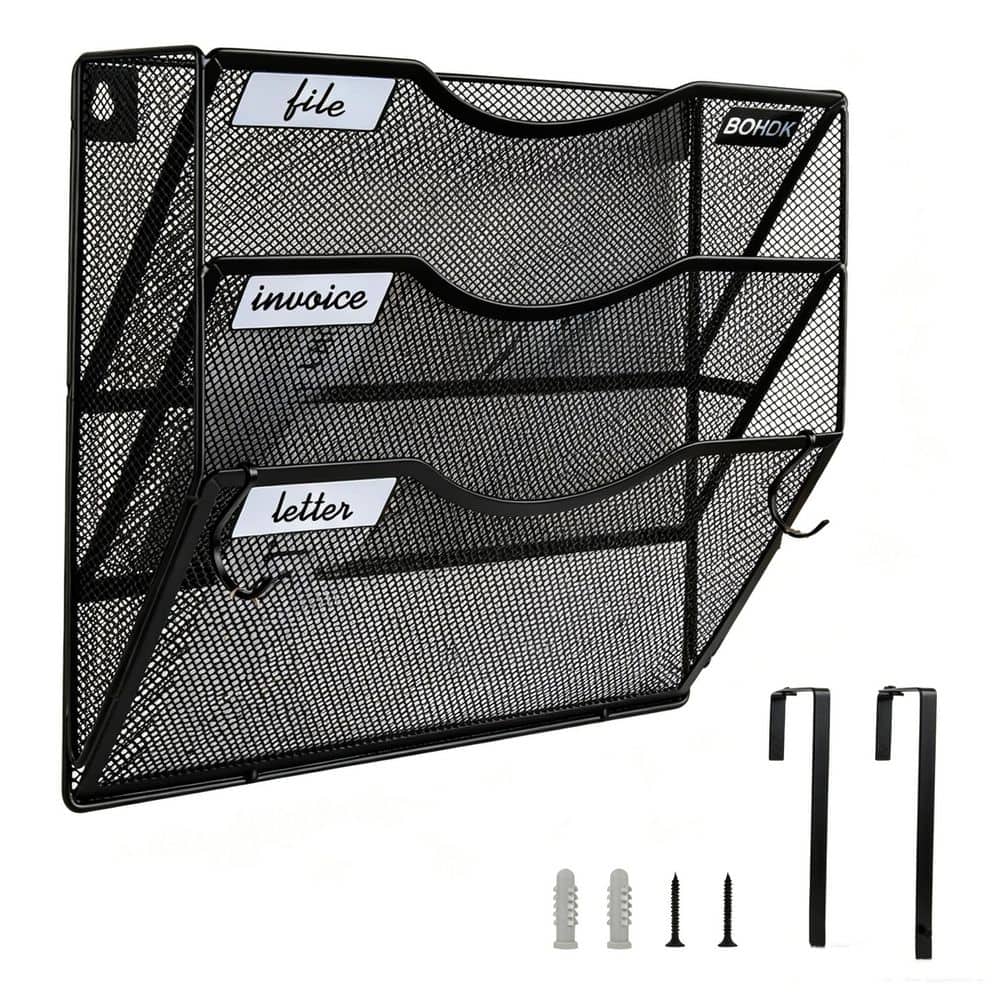 File Magazine Rack 13x11 13.3 in. W x 11.7 in. H Black Metal 3 Tire Wall File Organizer, Wall ...