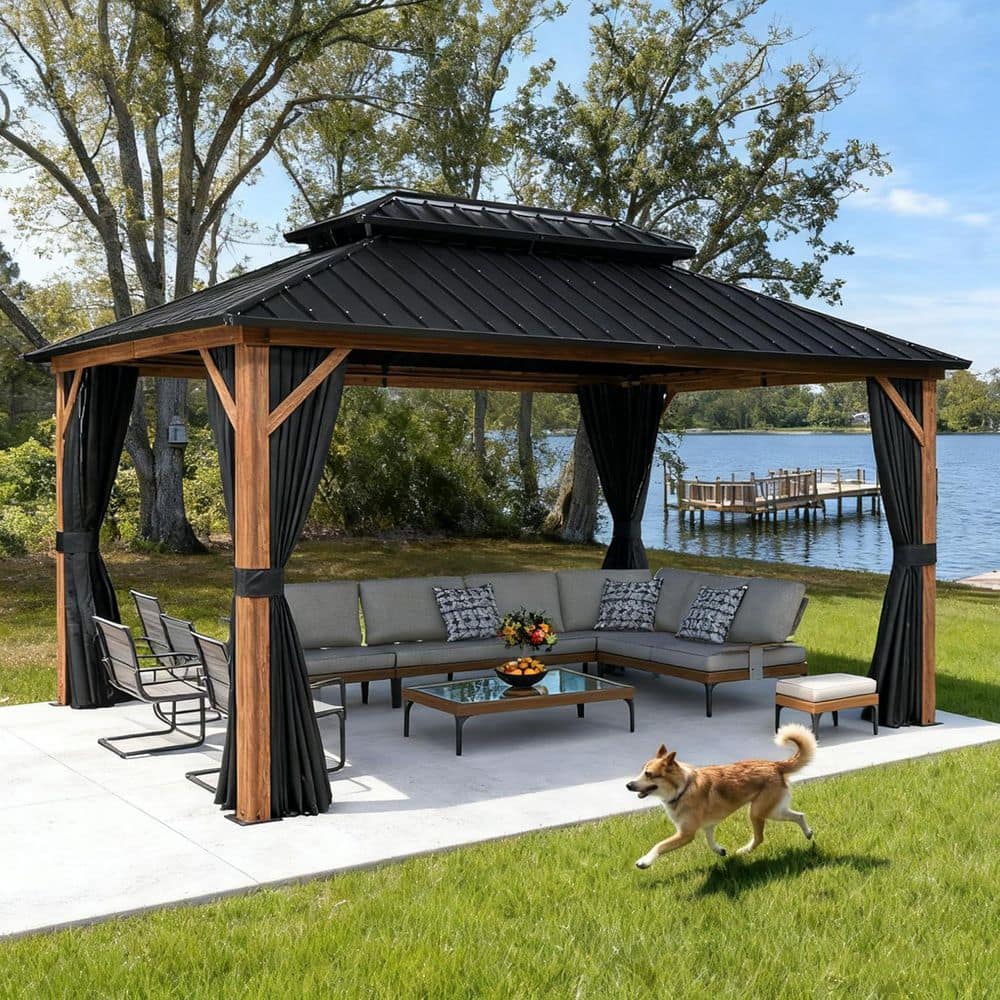 10 ft. x 12 ft. Hardtop Gazebo Outdoor Wood Aluminum Frame Galvanized Steel Double Roof Gazebo with Netting and Curtains price history on PriceWatchPro