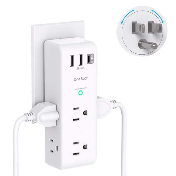 Lukyamzn 6-Outlet 1800J Wall Charger 3-Sided Power Strip Surge Protector Outlet Extender in White with Rotating Plug & USB Ports
