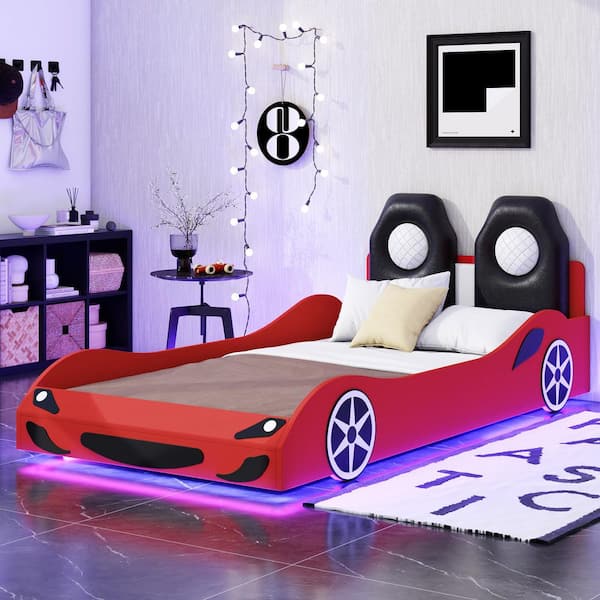 Harper & Bright Designs Red Wood Frame Twin Size Race Car-Shaped Platform Bed with LED and PU Upholstered Backrest
