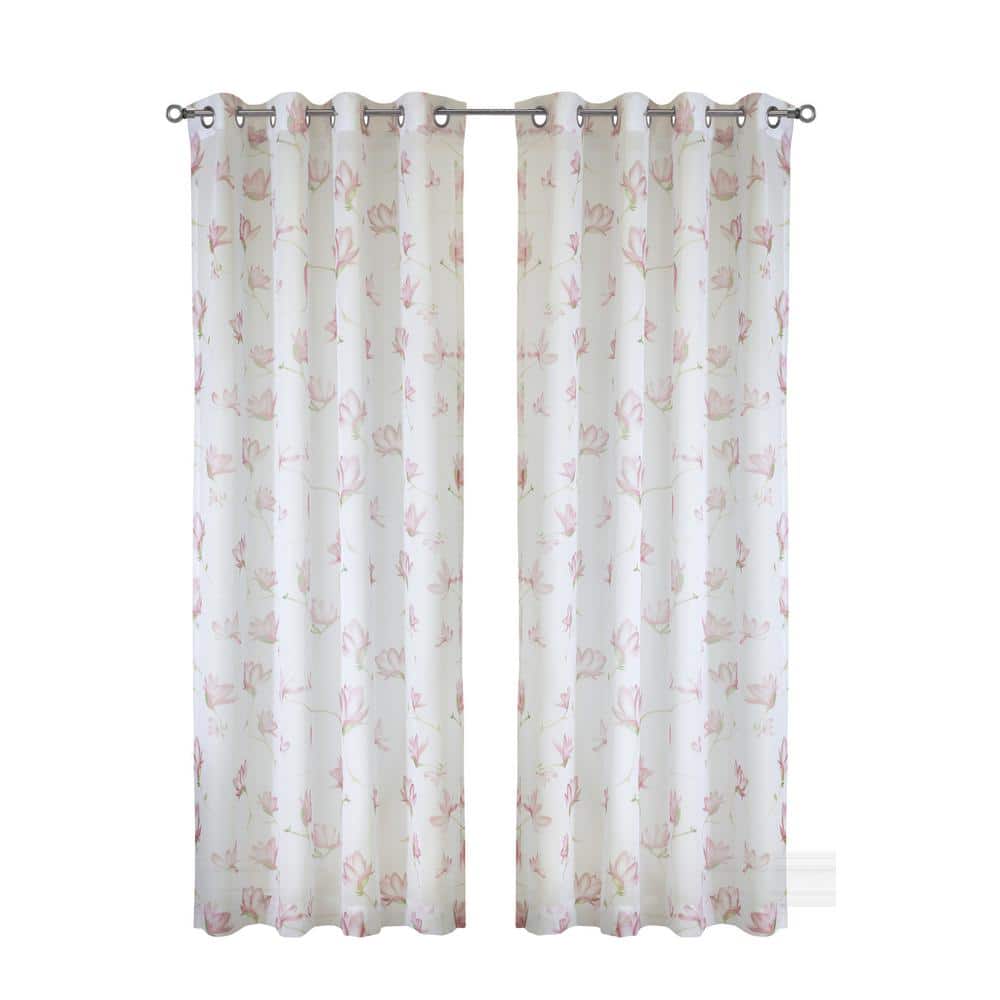 Magnolia White and Pink Sheer Linen-Like Grommet Curtain Panel