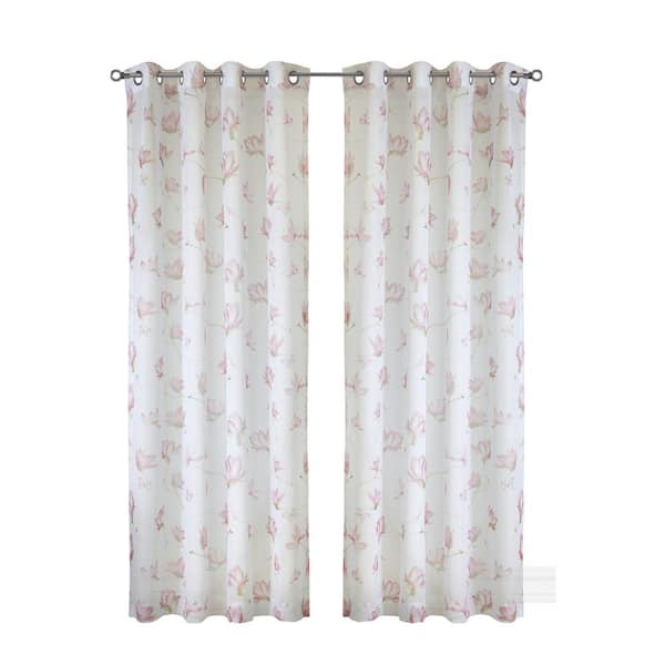 Habitat Magnolia White Pink Polyester Faux Linen 52 in. W x 108 in. L Grommet Indoor Light Filtering Curtain (Single Panel)