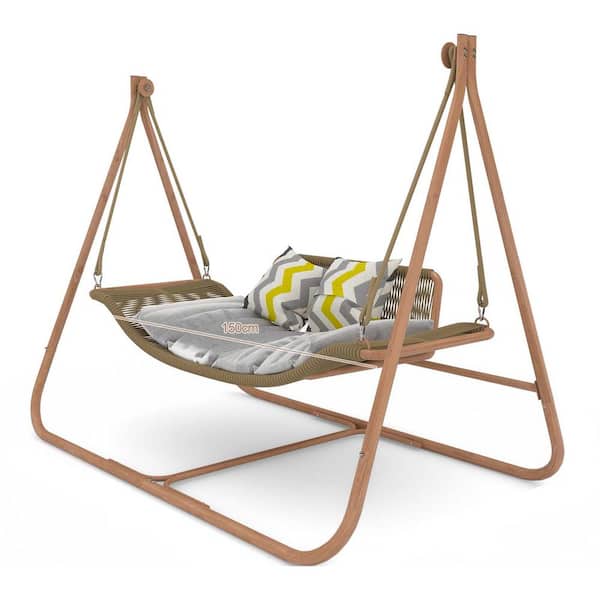 Sudzendf Brown Metal Indoor, Outdoor Hammock Patio Swing Chair with Stand and Cushion