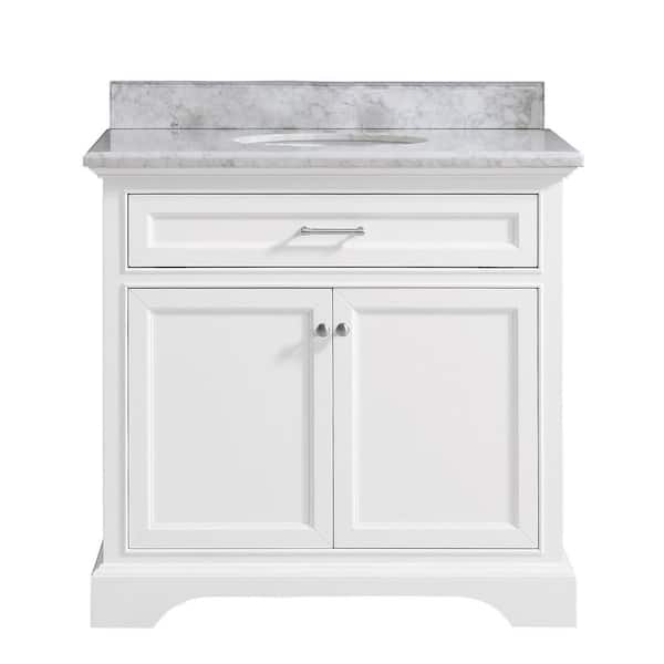 Windlowe 37 in. Single Sink White Bath Vanity with White Carrara Marble Top (Assembled)