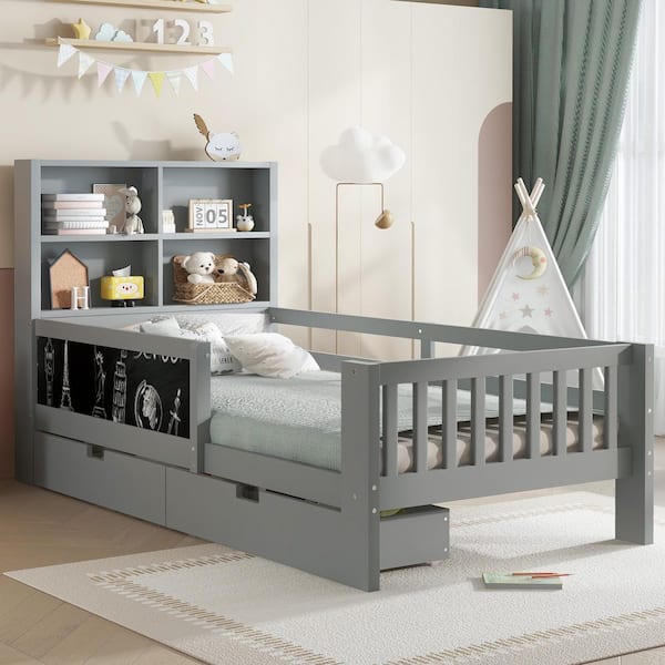 Faylinn Modern Gray Wood Frame Twin Size Platform Bed with Chalkboard Guard Rails Drawers and Shelves
