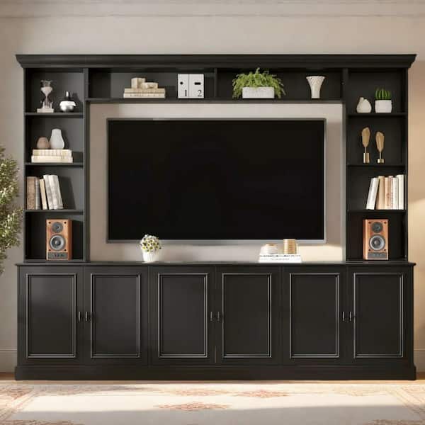 Black Modern Large Wall Unit Entertainment Center TV Stand Fits TVs up to 70 in. with Bookshelf, Cabinets, Open Shelves