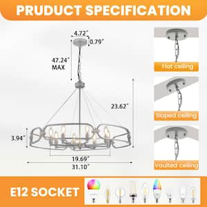 60 -Watt 8 Pendant Light Living Room Dimmable Candle Style Wagon Wheel Chandelier in Silver, No Bulbs Included